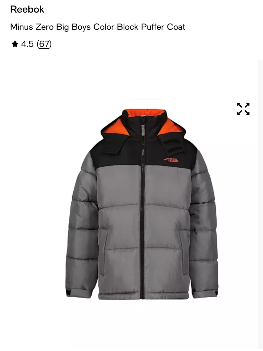 Reebok Gray & Black Colorblock Puffer Jacket with Orange Hood Lining